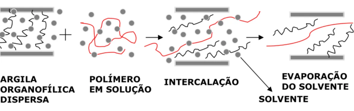 Figura  4.11  –  Esquema  ilustrativo  da  intercalação  das  lamelas  de  silicato  na  matriz polimérica por solução [17]