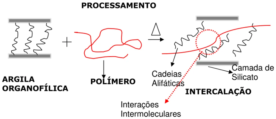 Figura  4.12  –  Esquema  ilustrativo  do  mecanismo  de  intercalação  da  argila  organofílica na matriz polimérica no estado fundido [27]