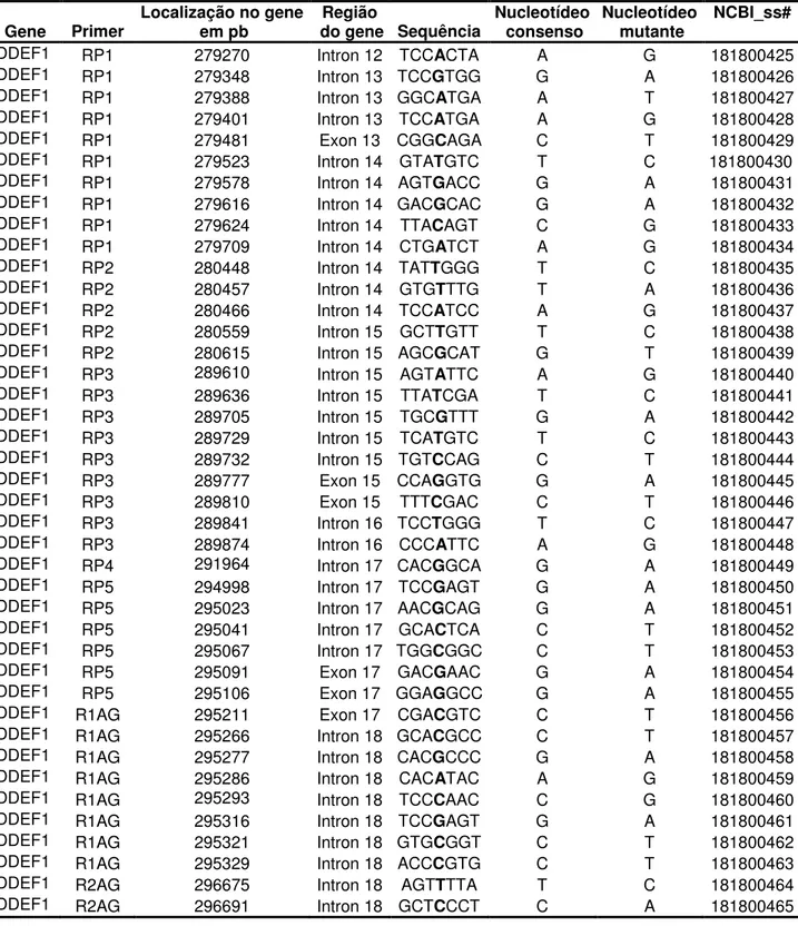 Tabela  5.  Polimorfismos  nas  regiões  RP1,  RP2,  RP3,  RP4,  RP5,  R1AG,  R2AG,  R3AG,  R4AG,  R1A,  R2A,  R3A,  R1S,  R2S  e  miRNA  do  gene  DDEF1  e  dos  exons  1  a  7,  e  introns  circundantes  destes,  do  gene  IGFBP3
