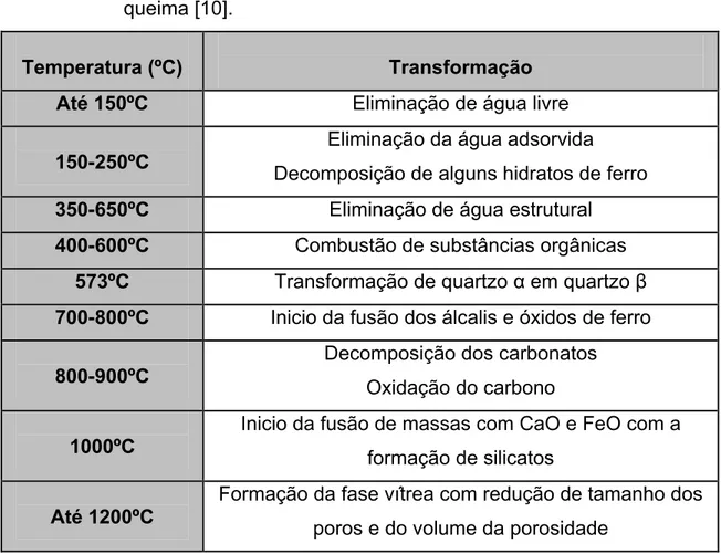 Tabela 2.4: Principais transformações que ocorrem durante o ciclo de  queima [10]. 