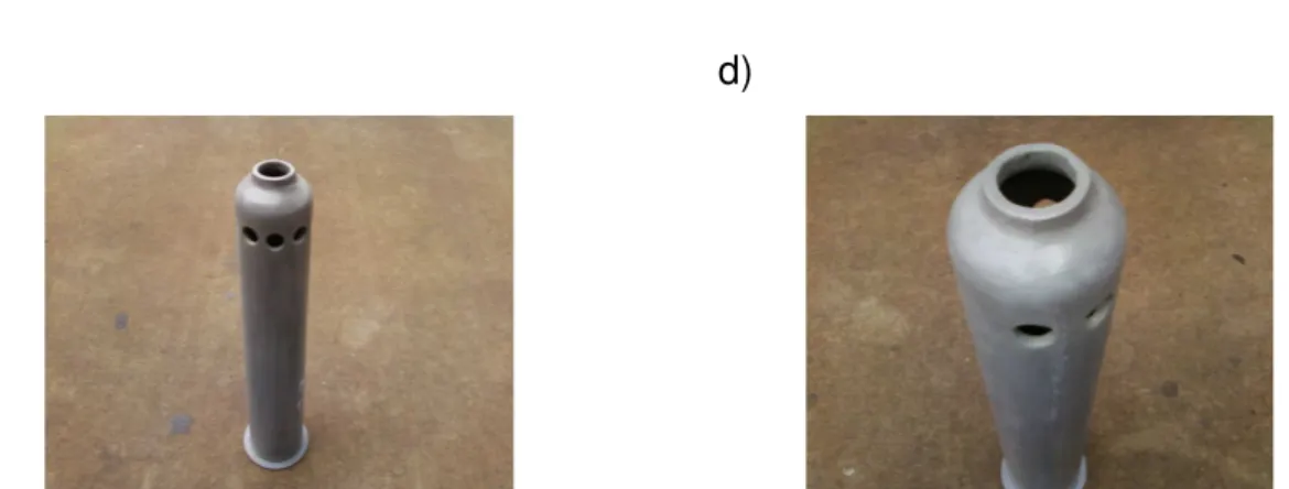 Figura  3.7:  a)  Tubo  queimador  padrão  50.000  Kcal;  b)  visão  aproximada  do  tubo  queimador  padrão  50.000  Kcal;  c)  Tubo  queimador  tipo  Ray;  d)  visão  aproximada do tubo queimador tipo Ray