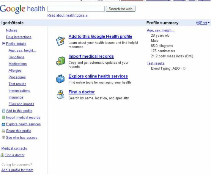 Figura 6-1 - Registro de tela do ambiente de produção Google Health 