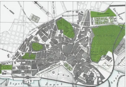 Figura 1 - Planta da cidade de Faro (início do séc. XX): a “urbanização das hortas” in Raul Proença,  Guia de Portugal, 1927, vol