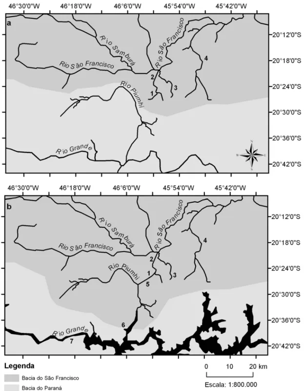 Figura 3. Região de transposição do rio Piumhi. a: Situação anterior à construção da  hidrelétrica de FURNAS