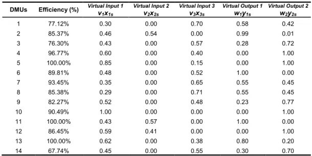 Table 1 presents the results from the DEA Model. It presents the efficiency scores for each one  of  the  14  distributors  operating  in  Portugal  during  2006  as  well  as  the  virtual  inputs  (v 1 x 1s   +  W  +  v 3 x 3s ) and virtual outputs (w 1 
