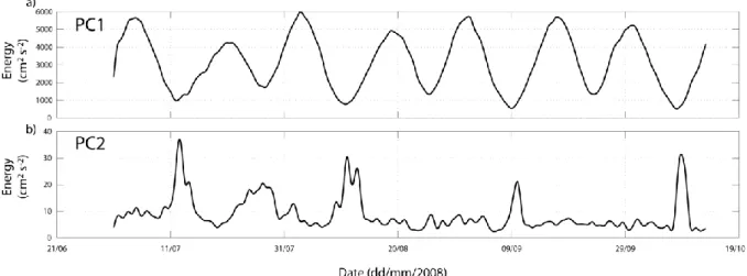 Figure 9. Spring-neap variability in energy (cm 2  s -2 ) of the near-bed PC1 (a) and PC2 (b) current components