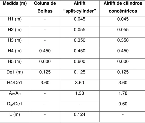 Tabela 4.3 – Características geométricas dos três biorreatores pneumáticos. 