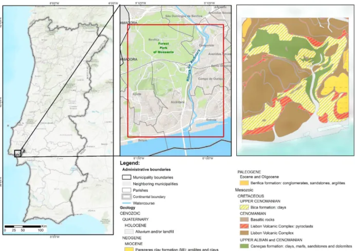 Fig. 1 - Geographic and geological setting of the study area  2. Methodology 