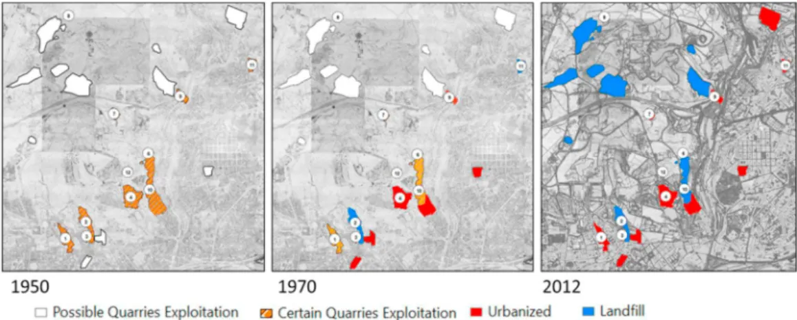 Fig. 2 – Identification of the quarries location and the changes occurred due to the urbanization