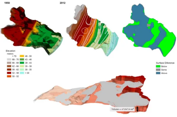 Fig. 3 – a) 3D model of one of the quarries in 1950; b) 3D model of the urbanized area in 2012 overlapped with planimetric data; c) Surface  difference  