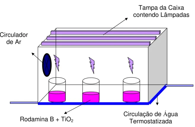 FIGURA 3.2: Esquema do aparato utilizado nos testes fotocatalíticos Circulador  de Ar  Tampa da Caixa  contendo LâmpadasCirculação de Água Termostatizada Rodamina B + TiO2