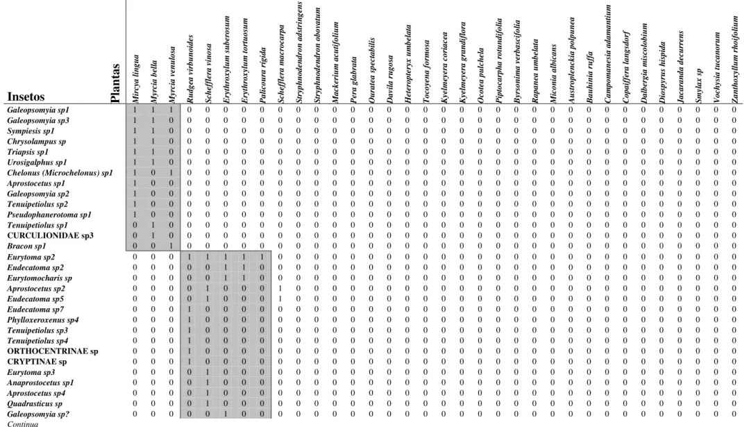 Tabela 2: Tabela de presença e ausência relativo às interações entre insetos endófagos em frutos de espécies de plantas de um cerrado stricto  sensu da Universidade Federal de São Carlos, São Carlos, SP