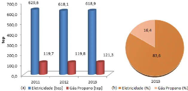 Figura 4.5 -(a) Consumos anuais energéticos [tep]; (b) Distribuição percentual dos consumos por fonte de  energia em tep