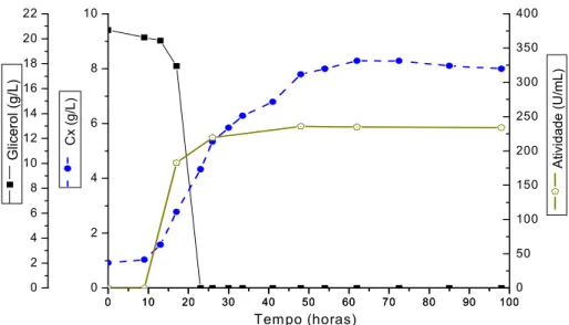 Figura 5.7. Cultivo de P. pastoris em meio YPD com glicose, 30ºC, pH 6,5. Expressão constitutiva extracelular de α(amilase de B