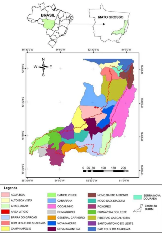 Figura 1: Localização geográfica da BHRM e seus Municípios limítrofes, no Estado  de Mato Grosso, Brasil