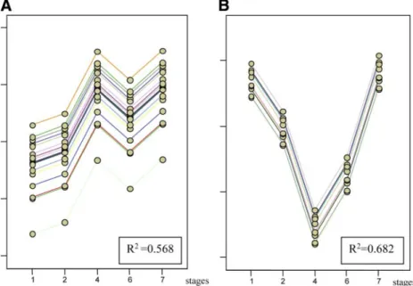 Fig. 7. A: genes encoding enzymes with an expression peak at stage 4. B: expression profile of two of the key enzymes involved in the production of glucose,  fructose-1,6-bisphos-phatase and fructose-1,6-bisphosphate aldolase B (data from 8 and 4 measureme