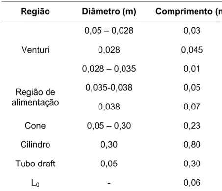 Tabela 3.3: Dimensões do leito de jorro contínuo. 