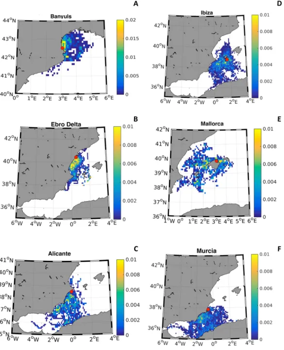 Figure 2.  Map showing the potential dispersion capacity of P. nobilis larvae during their maximum pelagic  larvae time (20 days) based on a hydrodynamic numerical simulations (ROMS) with seeding points at sampled  adult populations (A): Banyuls, (B): the 