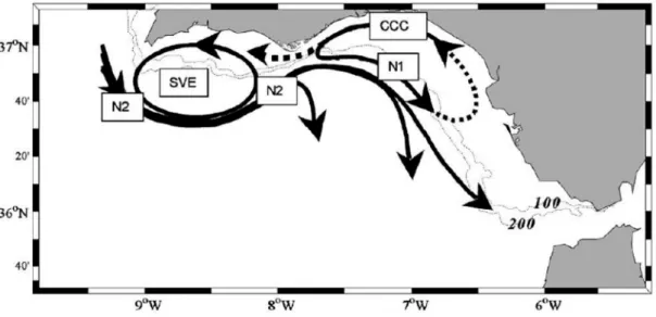 Figure  3  –  Scheme  of  the  surface  circulations  in  the  Southern  Iberian  Coast  and  the  Portuguese-Canary  eastern  boundary current that veers eastward into the Gulf of Cadiz, and eventually feeding the Mediterranean Sea
