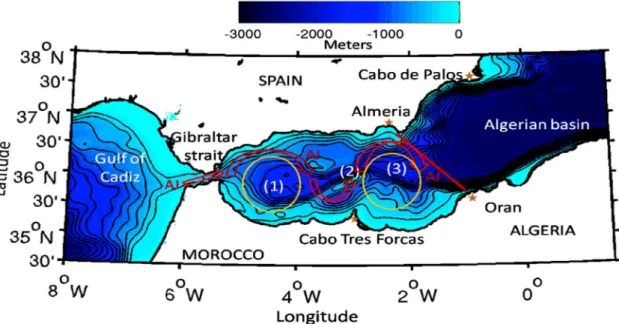 Figure 4- The red line represents Almeria-Orán front. The red arrows represent the boundary of the Atlantic Jet