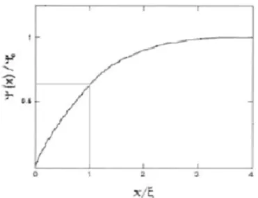 Figura 3: Gráfico mostrando a dependência de ψ com x. É interessante notar que no interior de um  supercondutor,  ψ → ψ 0 , quando  x → ∞ 