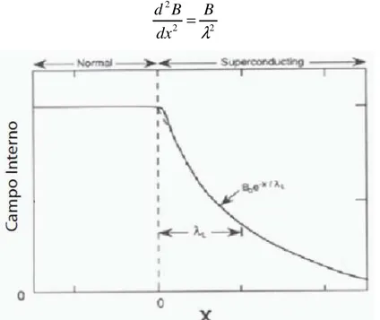 Figura 4: Comportamento do campo interno B em um supercondutor na interface com um meio  normal (Figura modificada da ref