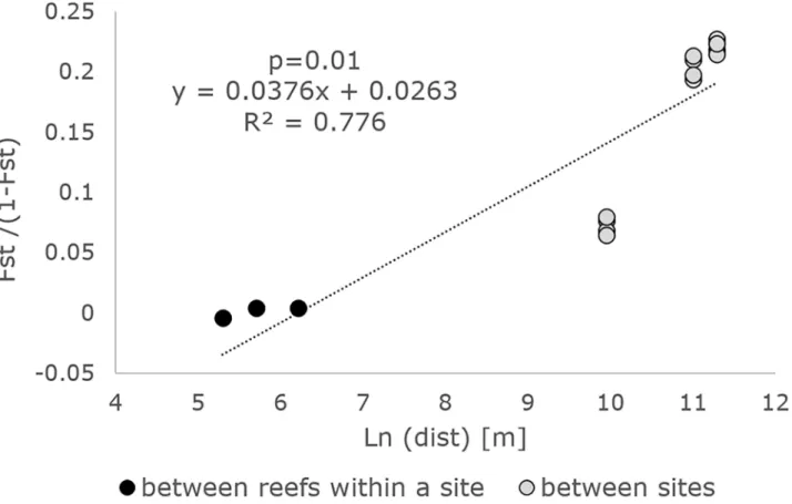 Fig 2. The isolation by distance pattern for P . clavata . Linear regression of the genetic distance measured as F ST / (1 — F ST ) over the geographic distance (m).