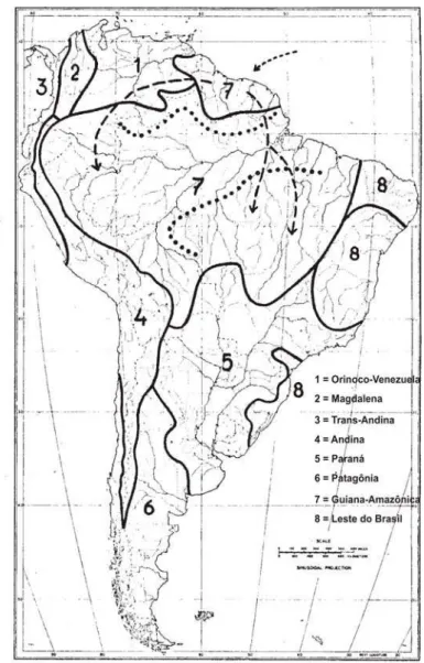Figura 2-1. Áreas de endemismo para peixes neotropicais propostas por Gery (1969). 