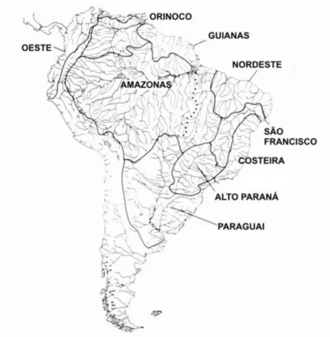 Figura 2-2. Áreas de endemismo para a família Curimatidae propostas por Vari (1988). 