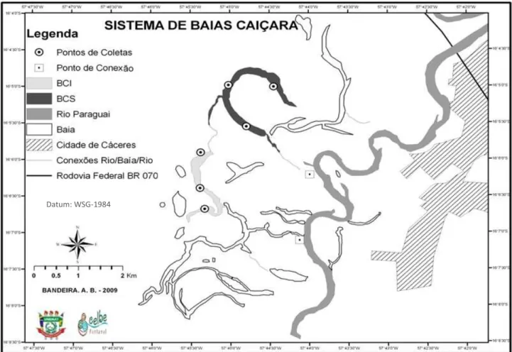 Figura 1  –  Localização do Sistema de Baías Caiçara e pontos de coleta. Pantanal Norte, Cáceres-MT