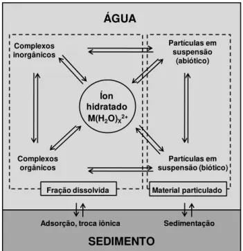 FIGURA 1.1 Esquema representativo das reações de metais com diferentes constituintes no  ambiente aquático