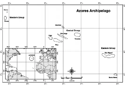 Figure  1-1.  Geographic  location  of the  Azores.  The  islands  are  grouped  according to  their  geographic positions in Eastern, Central and Western