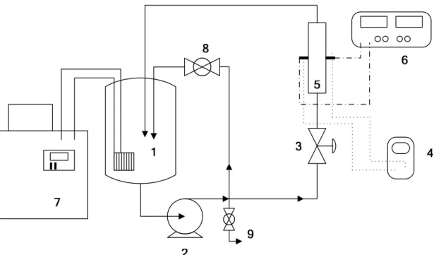 Figura 3.1. Representação esquemática do sistema experimental. 1) reservatório de eletrólito; 