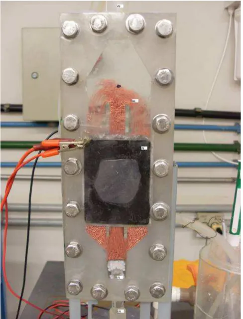 Figura 3.4 – Foto do reator eletroquímico de leito jorro em operação. 