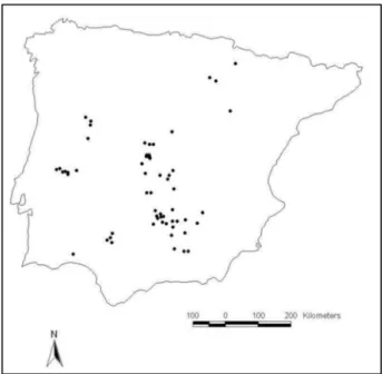 Figure 1. Study area and distribution of Juniperus oxycedrus subsp. badia on the Iberian Peninsula [19]