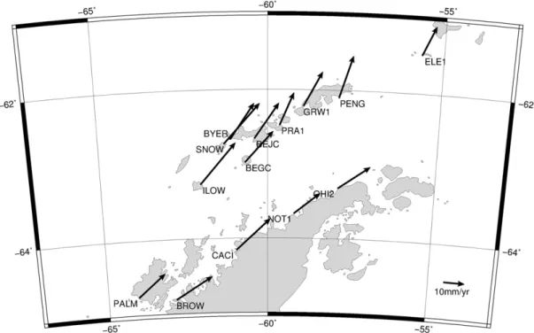 Fig. 4. Absolute horizontal velocity vectors computed in this study (PALM, BROW, CACI, OHI2, ILOW, SNOW, BEGC, BYER, BEJC and PENG) in the ITRF2008 reference frame
