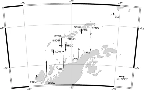 Fig. 6. Horizontal velocity vectors relative to the Antarctic Plate and corresponding error ellipses in the South Shetland Islands (ILOW, SNOW, BEGC, BYER, BEJC, GRW1, PRA1, PENG and ELE1) and the Antarctic Peninsula region (PALM, BROW, CACI, NOT1 and OHI2