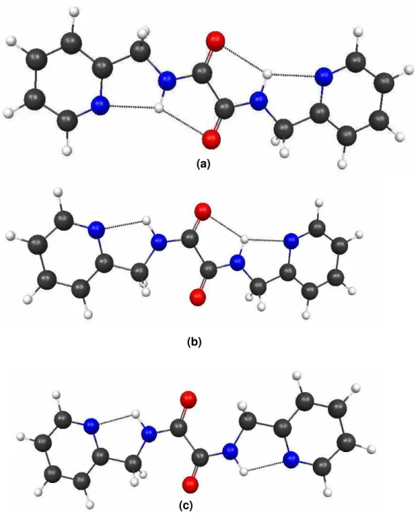 Figura  5.2.  Estruturas  otimizadas  dos  confôrmeros  do  composto  1  com  as  principais interações intramoleculares: (a) ZZ, (b) EZ, (c) EE