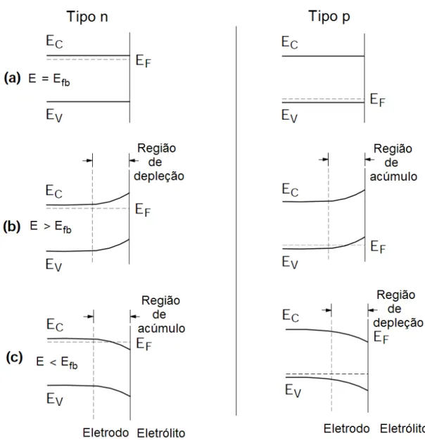 Figura 2.5 Efeitos da aplicação de potenciais nas bandas eletrônicas na região  de interface semicondutor-eletrólito