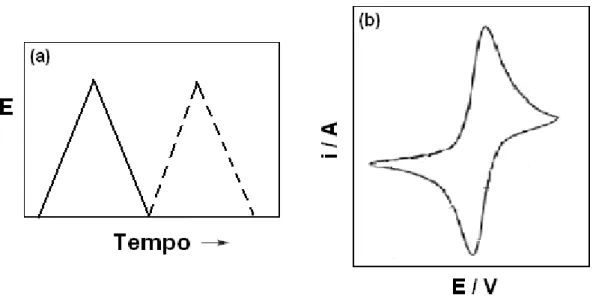 FIGURA 1.7 – Forma de aplicação do potencial na voltametria cíclica: (a) sinal de  excitação e (b) corrente resultante