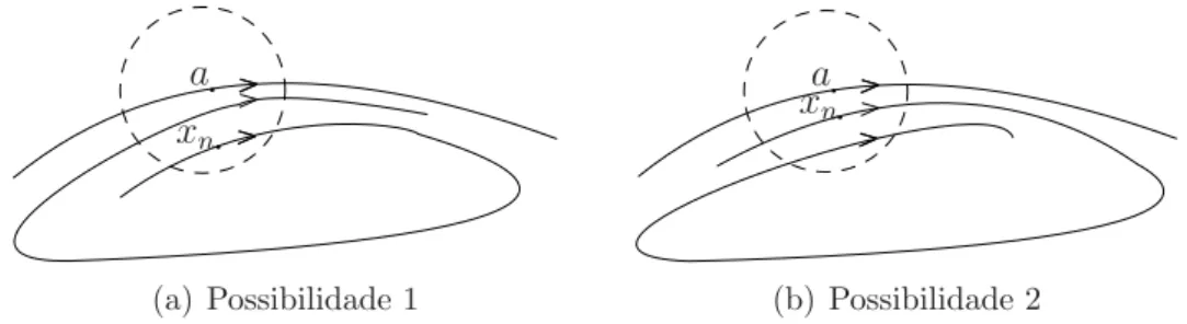 Figura 1.2.3: As duas possibilidades para a curva integral γ x n se γ x n (t n ) ∈ B(a, r).