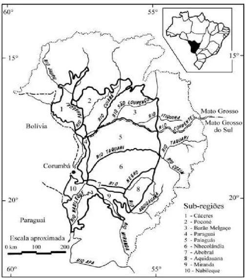 Figura 01. Localização geográfica e delimitações das sub- sub-regiões do Pantanal Mato-Grossense (Silva et al., 1998)