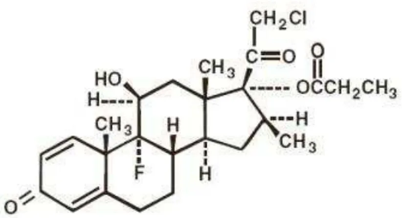 Figura  5.  Molécula  do  Propionato  de  Clobetasol,  (11β,16β) -21-chloro-9-fluoro-11- -21-chloro-9-fluoro-11-hydroxy-16-methyl-17-(1-oxopropoxy)-pregna-1,4-diene-3,20-dione, C25H32ClFO5
