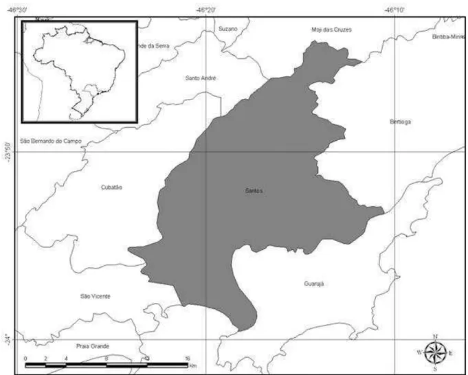 Figura 2: Delimitação geográfica do município de Santos (gentilmente elaborado por Samuel  Barsanelli)