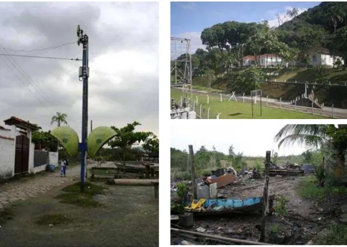 Figura 13: À esquerda, posteamento instalado em 1983 na Ilha Diana; no topo à direita a Usina  Hidrelétrica  de  Itatinga;  abaixo  à  direita  eletrodomésticos  e  rejeitos  acumulados  na  Gamboa  Funda (imagens da autora)