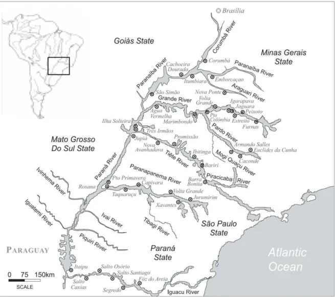 Figura 1. Mapa da bacia do Alto Paraná. Os pontos indicam as barragens presentes em toda a  bacia
