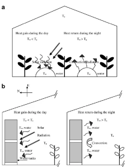 Figura 2.1.: Aquecimento passivo de uma estufa com recurso a água armazenada em sacos de plástico (a) e em tanques (b),(Sethi and Sharma, 2008).