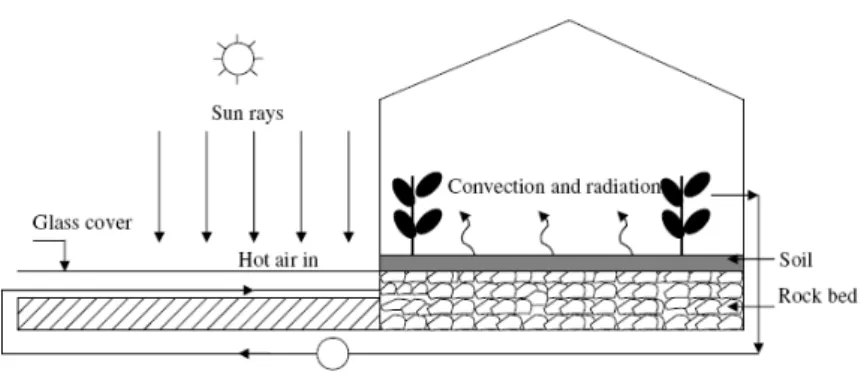 Figura 2.2.: Estufa com o sistema da Cama de Pedra no interior. (Sethi and Sharma, 2008) habitações, quer de estufas