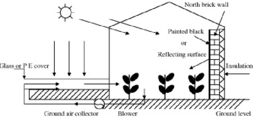 Figura 2.4.: Estufa com um sistema de retenção de calor com uma parede a norte e um sistema de recolha de calor do subsolo.(Sethi and Sharma, 2008)