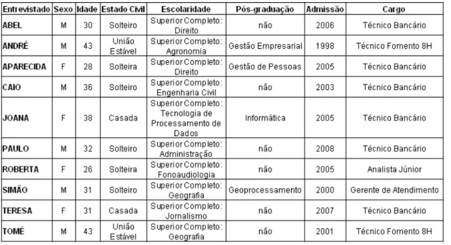 Tabela 2: Perfil dos Técnicos Bancários entrevistados 